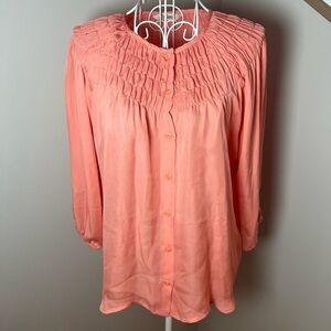 Tucker Women's P Coral 100% Silk Smocked Neck Top Button Up 3/4 Sleeve Small